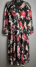 Lane Bryant Black Floral Chiffon Faux Wrap Midi Dress 3/4 Sheer Sleeves Smocked
