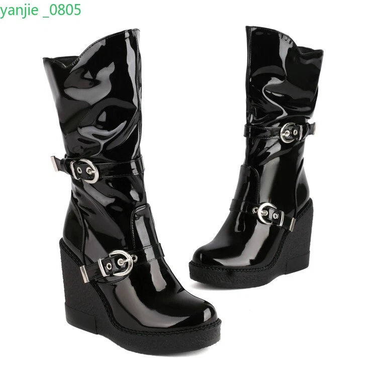 女士人造皮革中筒靴扣厚底鞋楔形鞋跟圆头 — 第 3/4 张图片