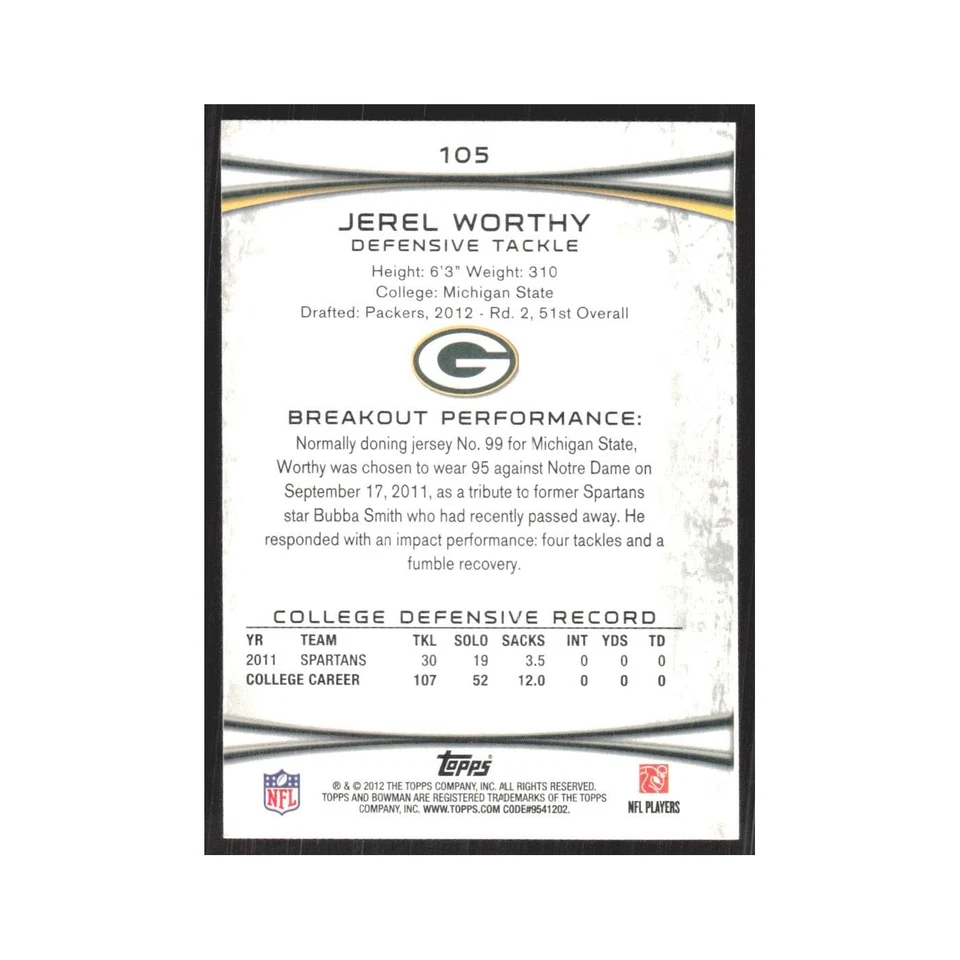 2012 Bowman Jerel Worthy RC Packers #105 - Image 2 of 3