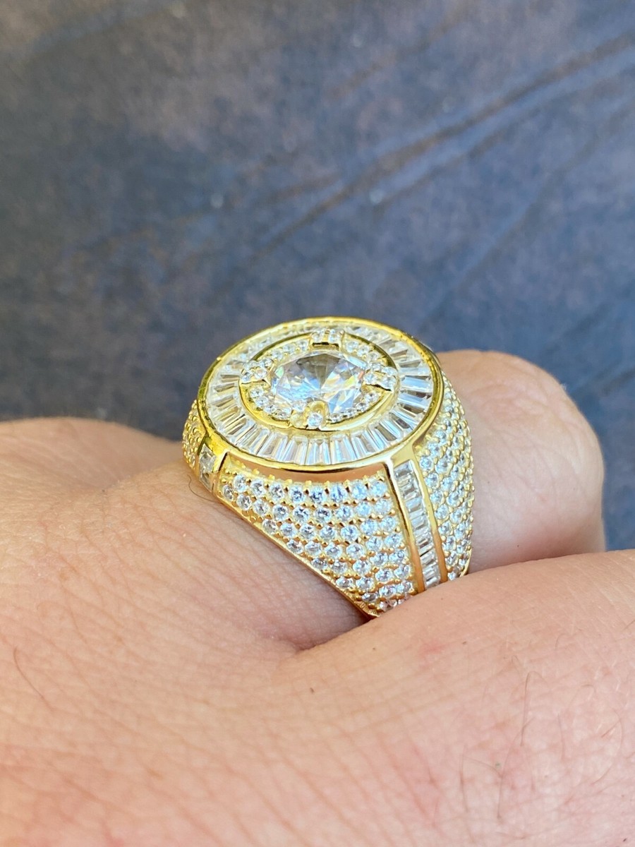 Men's 14K Gold Plated CZ Square Ring - Micro Paved Bling Ring Size 11