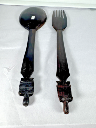 Vintage Salad Servers Handmade Wooden African Tortoise Animal Detail Design - Picture 15 of 21