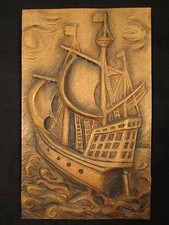 Segelschiff-Relief, "Windjammer",handgeschnitzt braun gebeizt ca. 53 x 32 x 3 cm