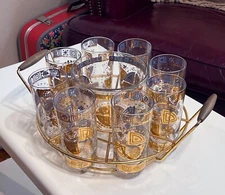 Vintage Bar Ware MCM Round Caddy Drinking Glasses&Ice Bucket 22K Gold Flower/Sun