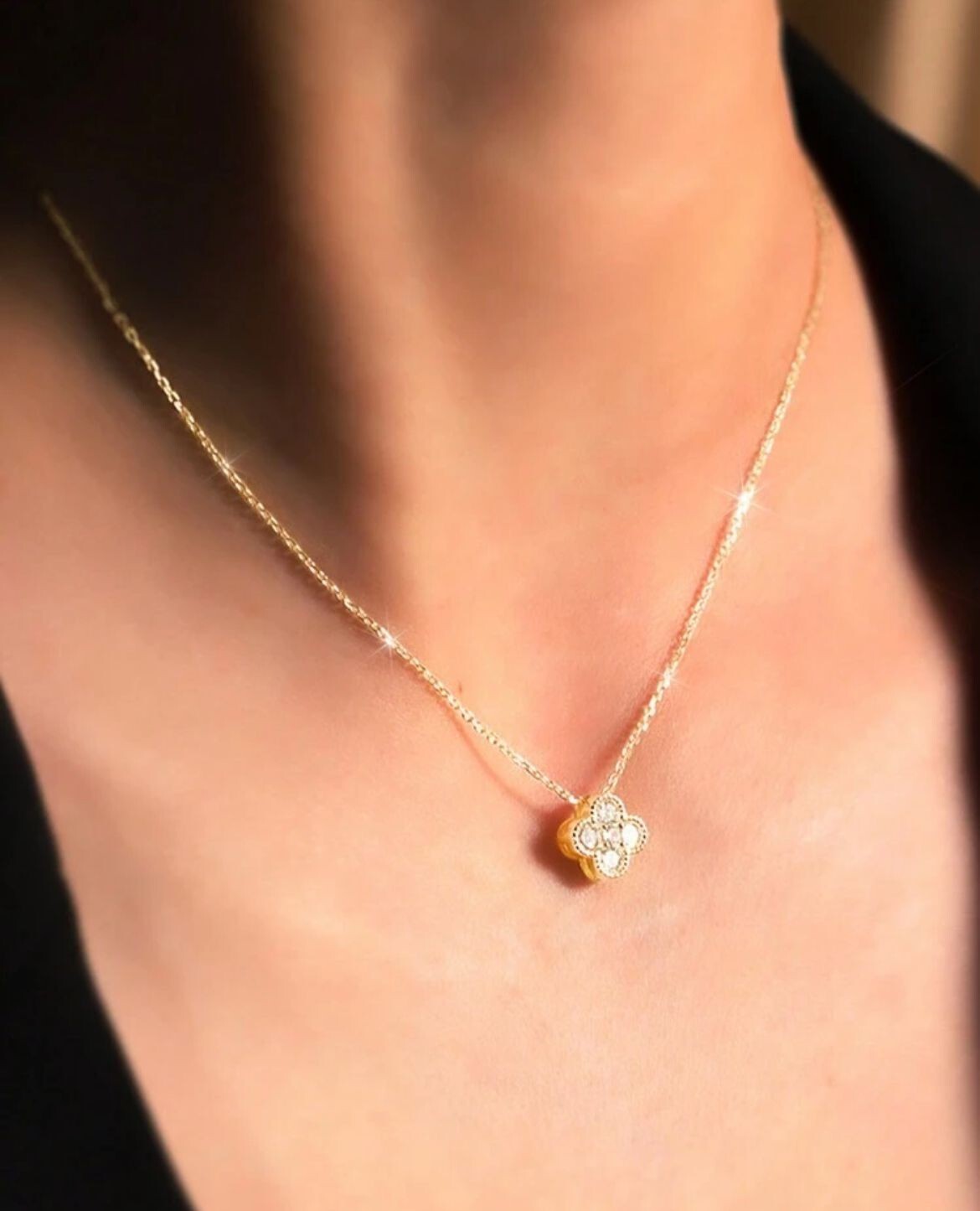 925 Sterling Silver Elegant Gold Clover Pendant Necklace