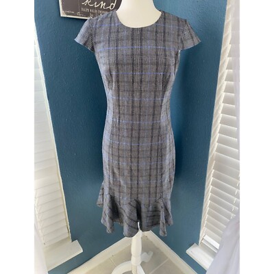 Banana Republic Gray Plaid Ruffle Hem Dress Cap Sleeves