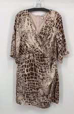 Andree By Unit Brown Animal Print Faux Wrap Zip Lined Knee Length 3/4 Sleeves