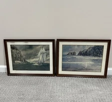 Vintage LES GOURLEY Art Prints Set Of 2 Seascape Framed Under Glass