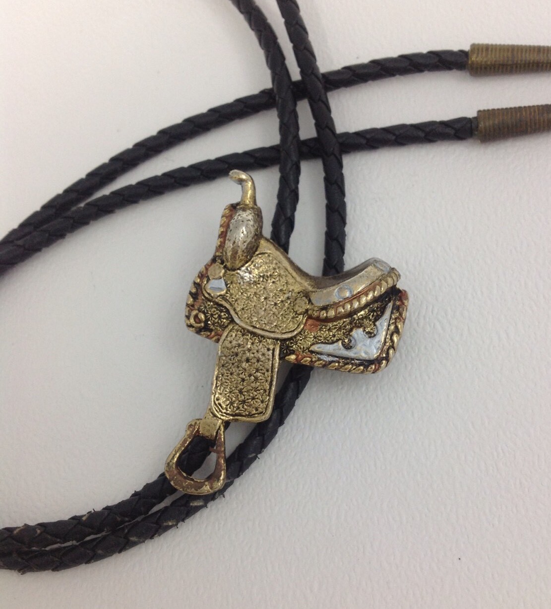 Cravatta Western Bolo Cowboy - Pelle Nera Con Ciondolo Vintage 489645 - Foto 12