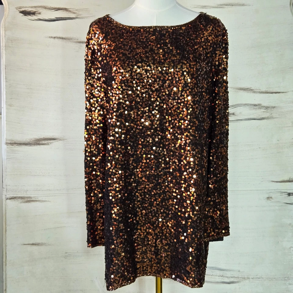 Платье цельнокроеное Blacktie Oleg Cassini большое бронзовое медное вечернее коктейльное с блестками - Изображение 2 из 4