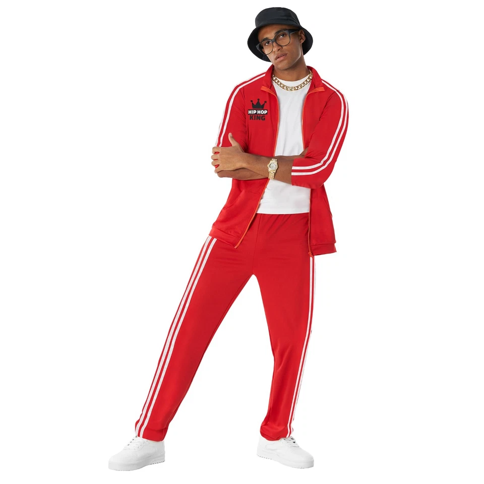 Men`s 1980s Red Rapper Costume + Boombox Adult 90s Hip Hop Tracksuit Halloween - Image 4 of 4