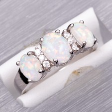 Three-Stone White Fire Opal Cabochon CZ Silver Jewelry Women Ring Size 6 7 8 9