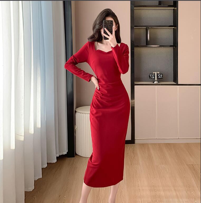strapless open back dress Square-Neck Long-Sleeves Mermaid Mother of The Bride Dress Pleated Satin Midi Cocktail Gowns Burgundy / US2 main image 0