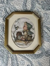 M.J. Hummel Gold Octagonal Framed Cross Stitch Carefree Days Boy With Bird