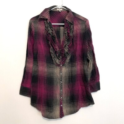 JOIE Fara Plaid Tuxedo Shirt Pink Black 3/4 Sleeve ? Flannel Button Down Medium