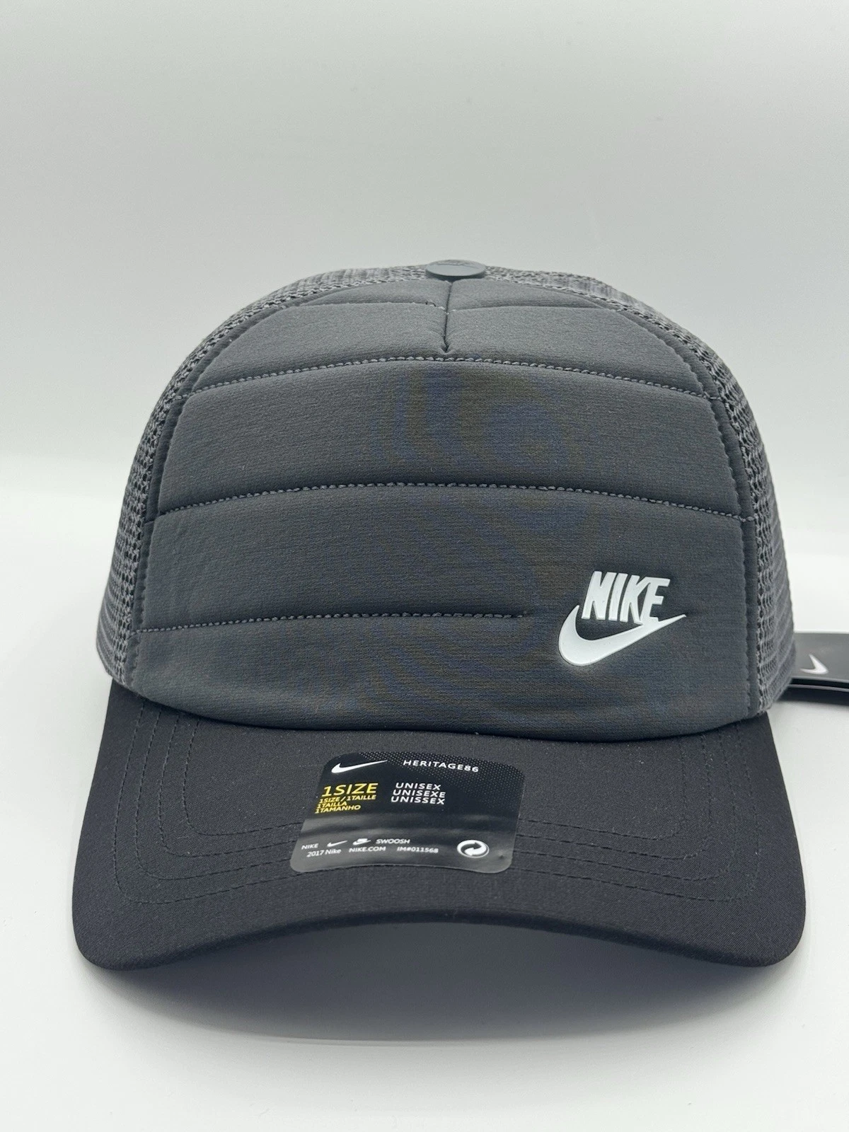 NWT Nike Heritage 86 Puffer Trucker Hat Steel Gray Black Mesh Adjustable Cap