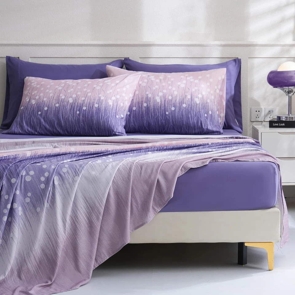 Juego de cama floral tamaño king, 6 piezas, bolsillo profundo púrpura ajustado, cómodo y transpirable... Foto 3 de 4