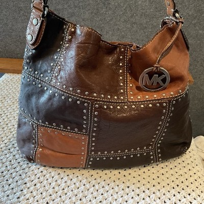 Michael Kors Brown Black Patchwork Studded Magnetic Shoulder Hobo Bag EUC