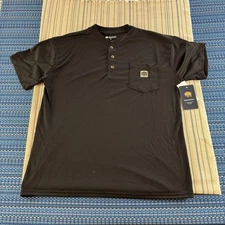 Buffalo Outdoors Henley Shirt Mens Large Black 3-Button Short Sleeve Pocket