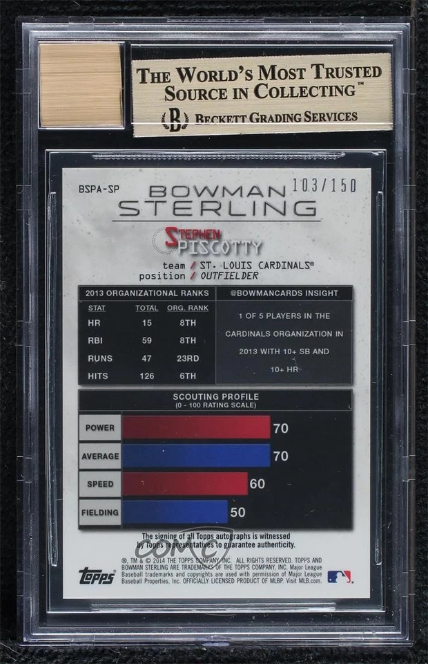 2014 Bowman Sterling Prospect Refractor Stephen Piscotty BGS 9.5 GEM MINT Auto - Image 2 of 2