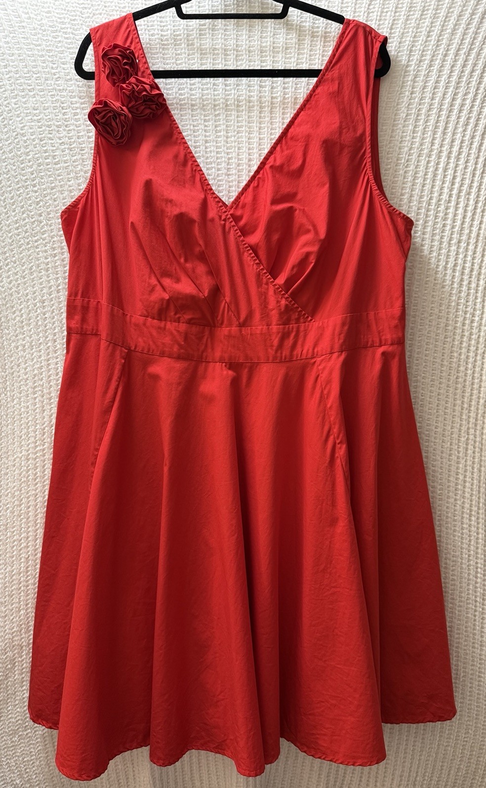 eShakti Dress Plus Size 4X Red Cotton Floral Rosette V-Neck Wrap Fit Flare Party