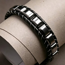 Mens Hematite Leather Bracelet Magnetic Clasp Protection Healing Crystal Bangle