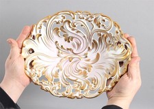 19thC Antique MEISSEN Pink Porcelain Gold Gilt Rococo Reticulated Center Bowl
