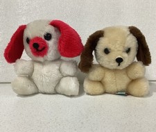 2 Vintage R. Dakin 1979 White Red  Tan Brown 1978 Puppy Mini Plush Puppy Dogs