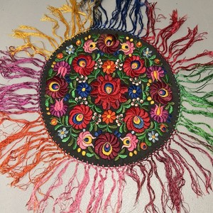 Antique Hungarian Table Topper Matyo 19” With fringe  Floral Vibrant Reversible