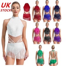 US Women Sleeveless Shiny Rhinestones Tassels Leotard Skirt Latin Dance Dress