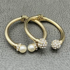 Gold Tone Hinged Bangle Bracelet Set 2 Faux Pearl Rhinestone Pave Ball Ends