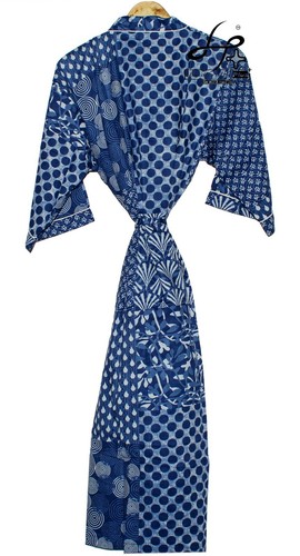 Cotton Kimono Indian Indigo Kaftan Patchwork Beach Summer Bathrobe Blue One Size - Picture 2 of 9