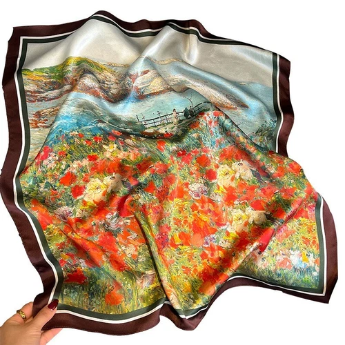 100% Silk Scarf Women Neckerchief Square Bandana Wrap Oil Paiting Flower 68*68cm - Picture 5 of 6