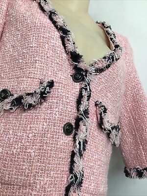 Chanel Jacket Pink Boucle Black Fray Trim 3/4 Sleeve Vintage Chanel Jacket Pink Boucle Black Fray Trim 3/4 Sleeve Vintage