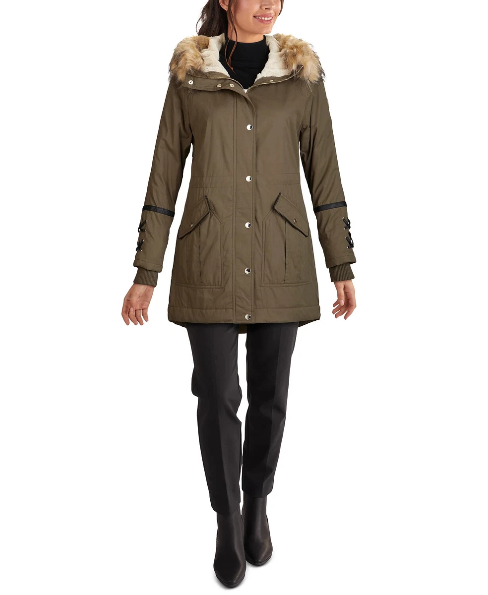 New GUESS Faux Fur Trim Hooded Anorak S Olive L1019