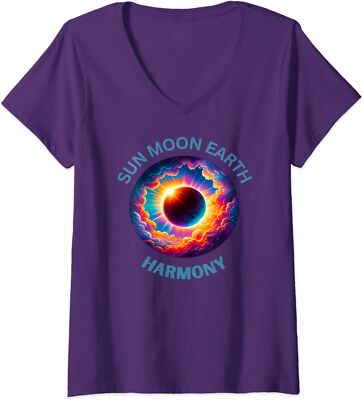 Sun Moon Earth Harmony, Eclipse 2024 Coolest Eclipse Ladies' V-Neck Tshirt