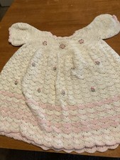 Vintage 1968 Handmade Crocheted baby dress,pink trims.handmade Bonnet Included