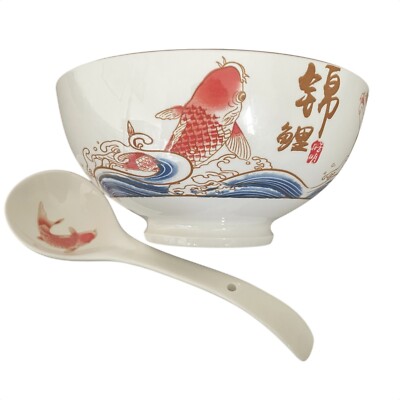 Cheng's Koi Fish 8  Footed Porcelain Serving Blue Orange w/ Spoon NEW