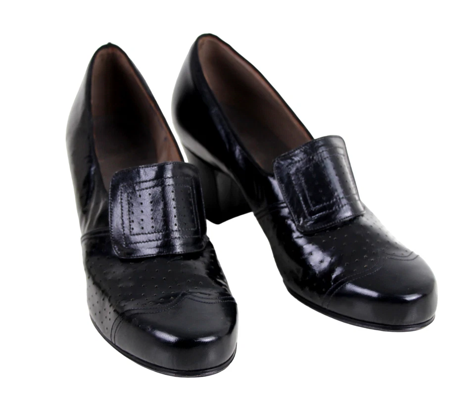 ВИНТАЖНЫЙ перфорированный черный из натуральной кожи середины каблука круглый носок тянуть на обувь Sz 4D - Изображение 2 из 4