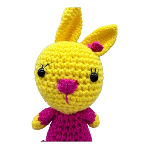 "Vestido y lazo de ganchillo rosa conejo amarillo hecho a mano y ganchillo Pascua 13""" - Imagen 2 de 10