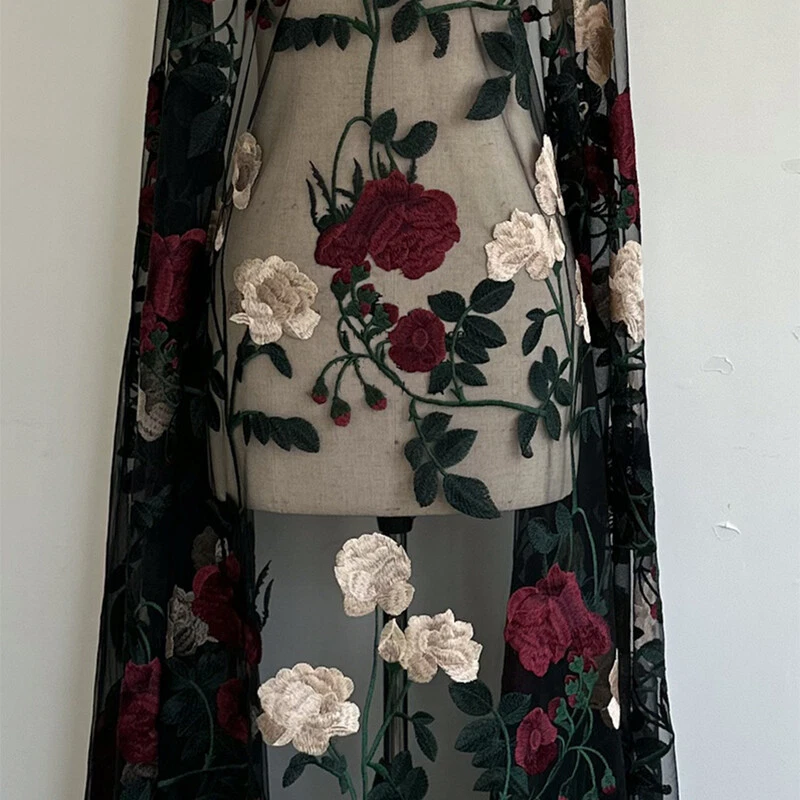Retro Floral Embroidery Rose Flower Sheer Mesh Lace Fabric DIY Party Dress 1m - image 4 of 4
