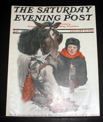 JAN 12, 1924, OLD SATURDAY EVENING POST MAGAZINE COVER (ONLY) LES THRASHER ART!