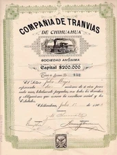 MEXICO STOCK CERT. "COMPANIA de TRANVIAS"(Trains) CHIHUAHUA 1902 Ppd USA