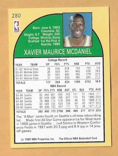 XAVIER McDANIEL SEATTLE SONICS #280 NBA HOOPS 1990-91 - Imagen 2 de 2
