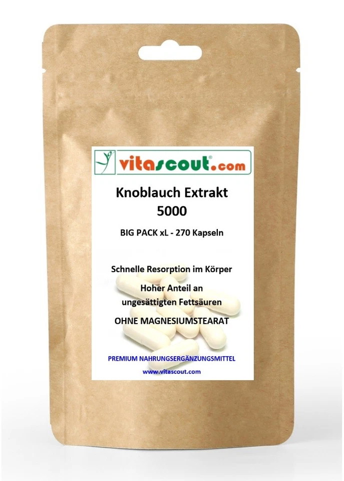 VITASCOUT_COM Knoblauch 270 Kapseln je 5000mg (=Extrakt 50mg 100:1) Garlic von VITASCOUT®