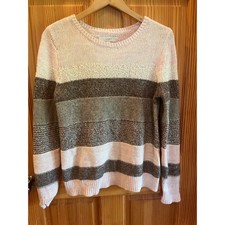 LOFT Colorblock Striped Mixed Knit Sweater Pink Gray Size M Cotton Blend
