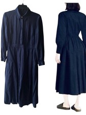 TORY BURCH SILK Navy Blue 100% Silk Pleated Midi Shirtdress long sleeve