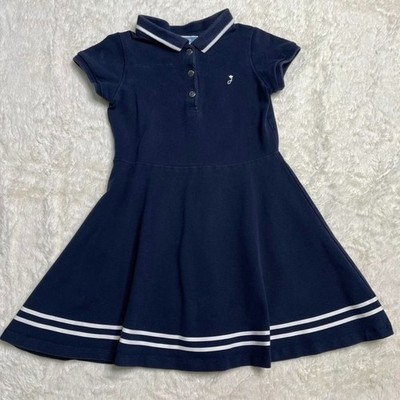 Jacadi Paris Girls Navy Blue Cotton Piqué Polo Dress White Stripe Size 6A