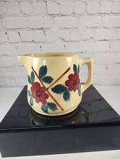 Vintage Yellow Ware Pottery Pitcher with Flowers Farmhouse Rustic Chic