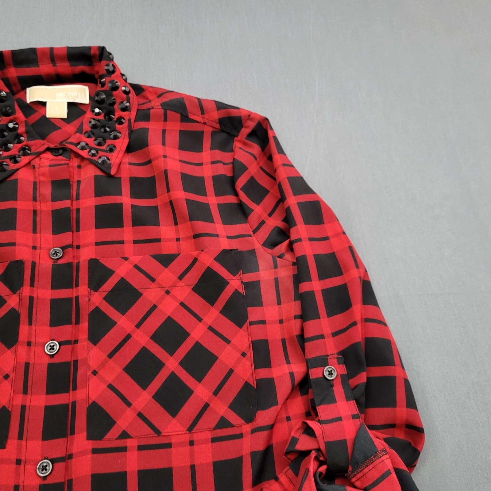 Michael Kors Blouse Womens Small S Long Roll Tab Beaded Tunic Button Plaid Red thumbnail 3