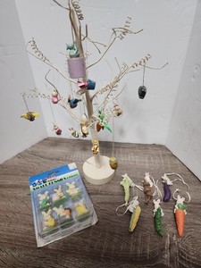 Easter Spring Tree 28 Hanging Colorful Ornaments Bunny Rabbit Egg Birds 15" Tall